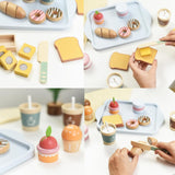 Copil folosind cuțitul de lemn Flippy pentru a tăia croissantul cu scai, joc Montessori