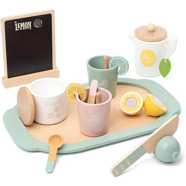 Jucărie Montessori din lemn Flippy Lemon Tea, set complet cu ceainic, căni și accesorii, vedere frontală