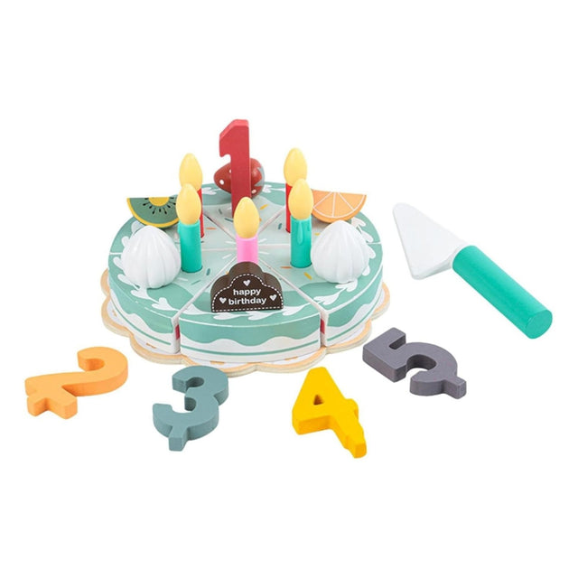 Jucărie educativă Montessori din lemn Flippy – tort aniversar multicolor cu velcro și cifre 1-5, vedere frontală completă