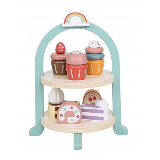 Set jucărie lemn Flippy Royal Afternoon Tea cu etajeră 2 niveluri și prăjituri colorate, vedere frontală