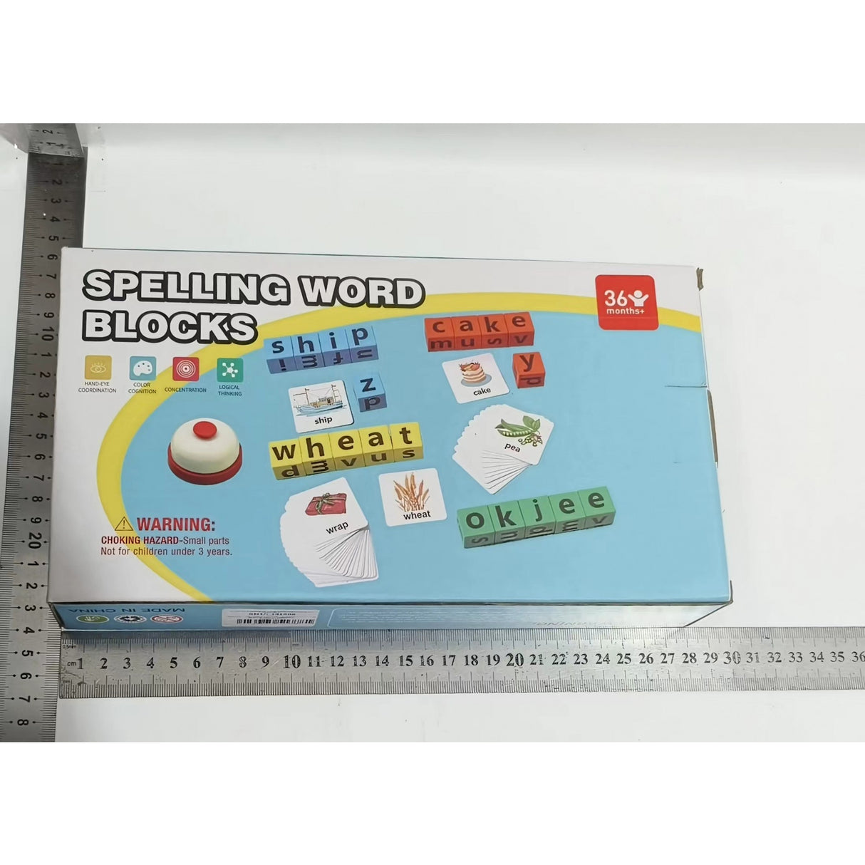 Joc cu Blocuri din Lemn, Vivimall, Formare Cuvinte, Cartonase cu Obiecte si Animale, Clopotel, Joc pentru 4 Persoane, 3 Ani+, 28x15.5x5 cm, Multicolor - vivimall.ro