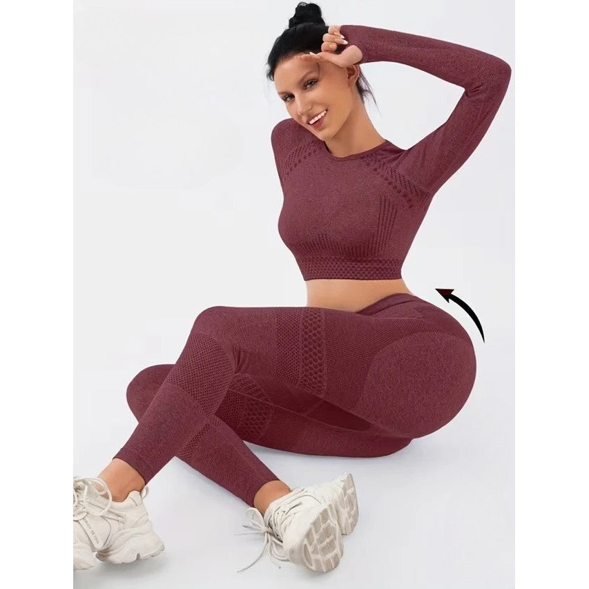Set sport yoga damă Vivimall, top scurt cu mânecă lungă și colanți burgundy, vedere spate, profil siluetă