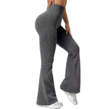 Pantaloni sport damă Vivimall gri închis, talie înaltă evazați, vedere frontală, mărimea M