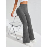 Pantaloni yoga evazați damă, gri închis, detaliu talie înaltă fără cusături, spandex și nylon