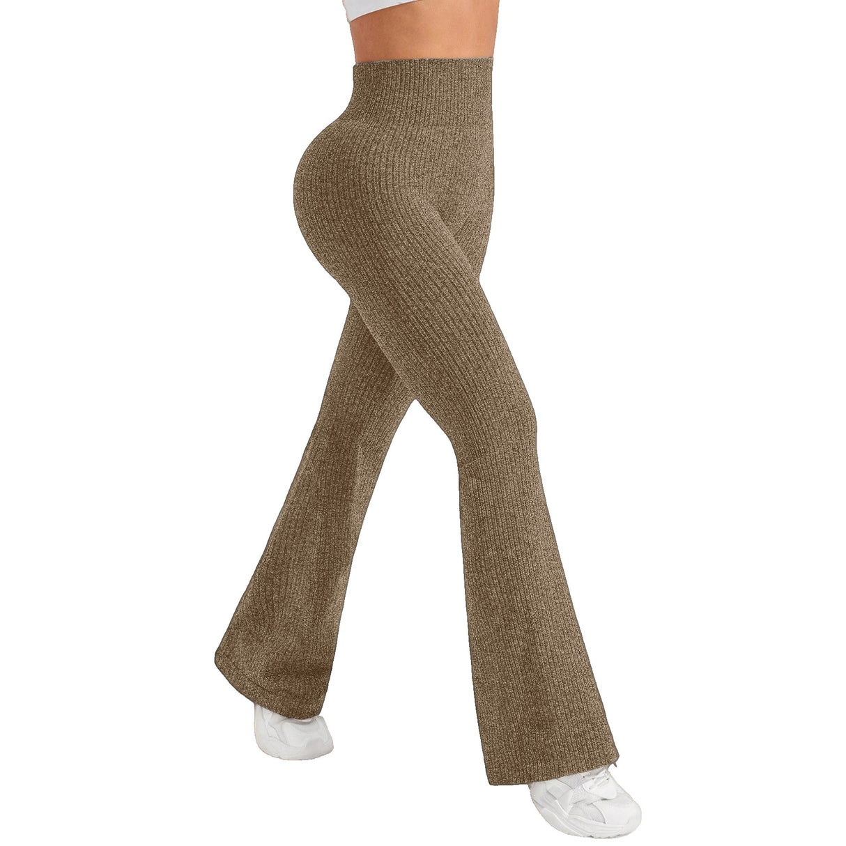 Pantaloni evazați damă Vivimall pentru yoga, talie înaltă fără cusături, culoare khaki, vedere frontală