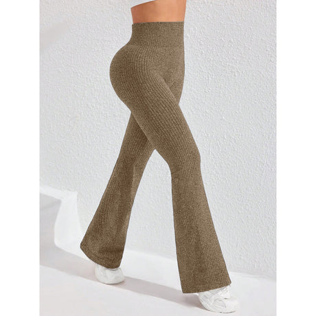 Detaliu talie înaltă fără cusături pantaloni tricotați damă Vivimall, material spandex nylon khaki