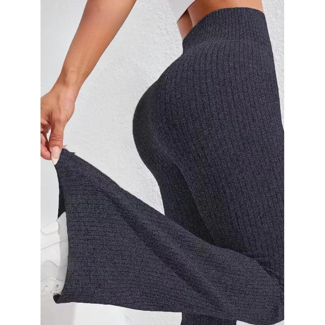 Detaliu material tricotat cu nervuri pantaloni yoga damă Vivimall albastru marin, elasticitate ridicată