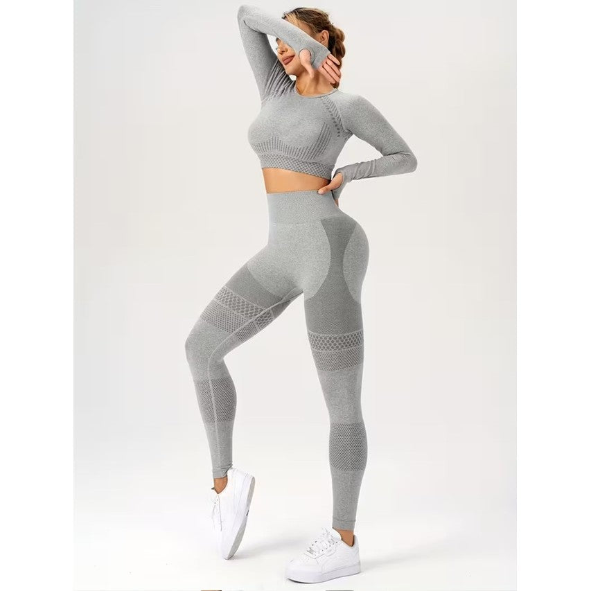 Costum sport damă gri Vivimall, 2 piese, utilizare yoga indoor, perspectivă laterală