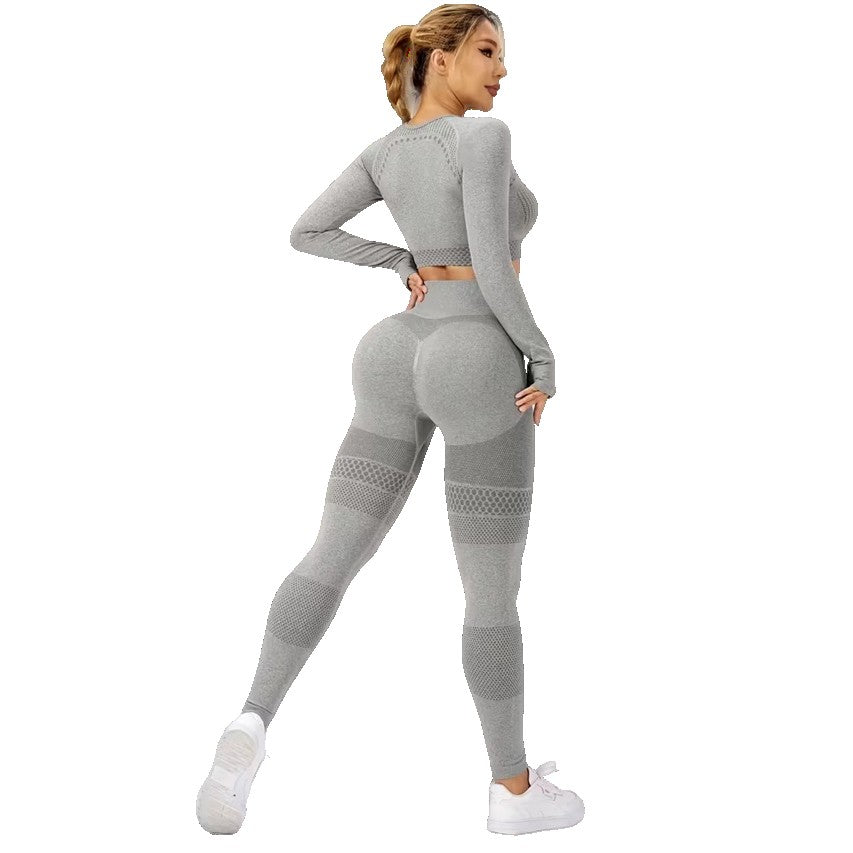 Costum sport damă gri Vivimall, set 2 piese yoga și fitness, talie înaltă, vedere frontală completă