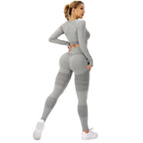 Costum sport damă gri Vivimall, set 2 piese yoga și fitness, talie înaltă, vedere frontală completă
