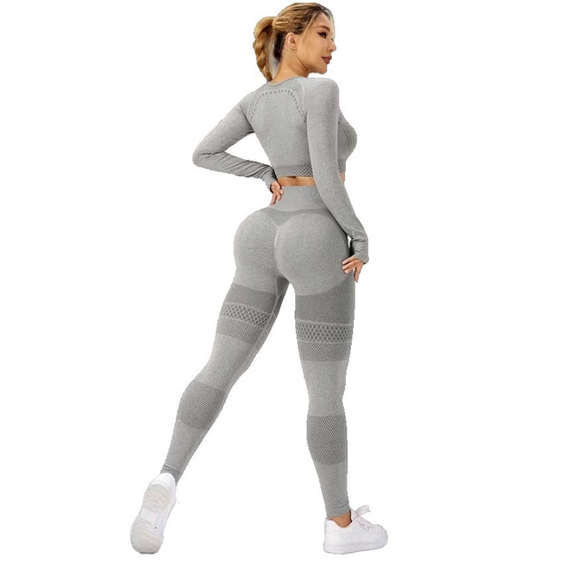 Costum sport damă gri Vivimall, set 2 piese yoga și fitness, talie înaltă, vedere frontală completă